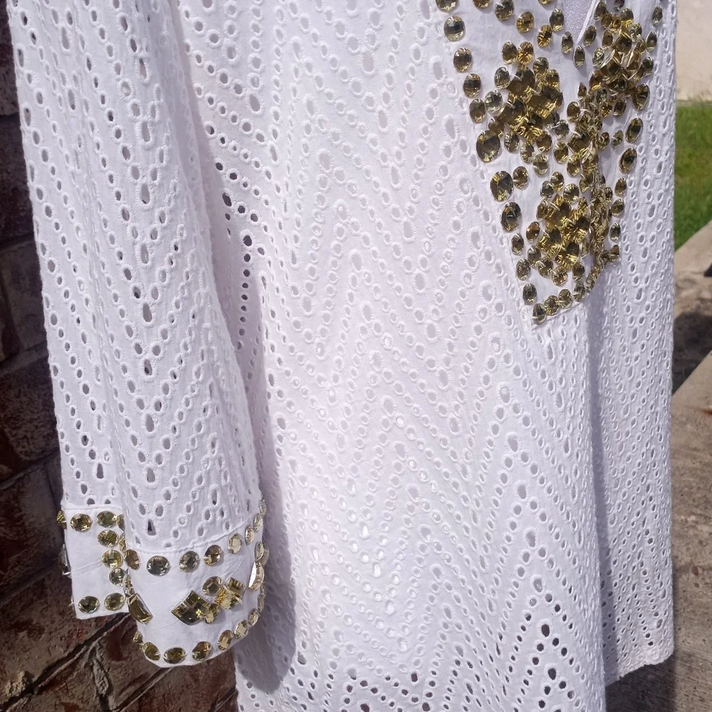 Juliette Eyelet Bejeweled Rhinestone Tunic Top Swim Coverup Women Size Medium
